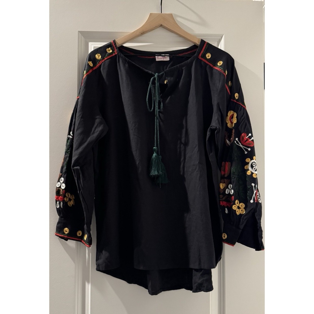 Frisqie Embroidered Peasant Blouse Medium Black Boho Folk Art Tassel Cotton